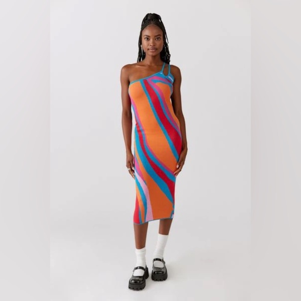 Another Girl Knit One Shoulder Midi Dress in Blue Multi